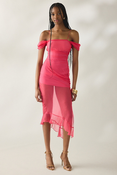 Tyler McGillivary Delphie Sheer Asymmetric Cold-Shoulder Midi Dress