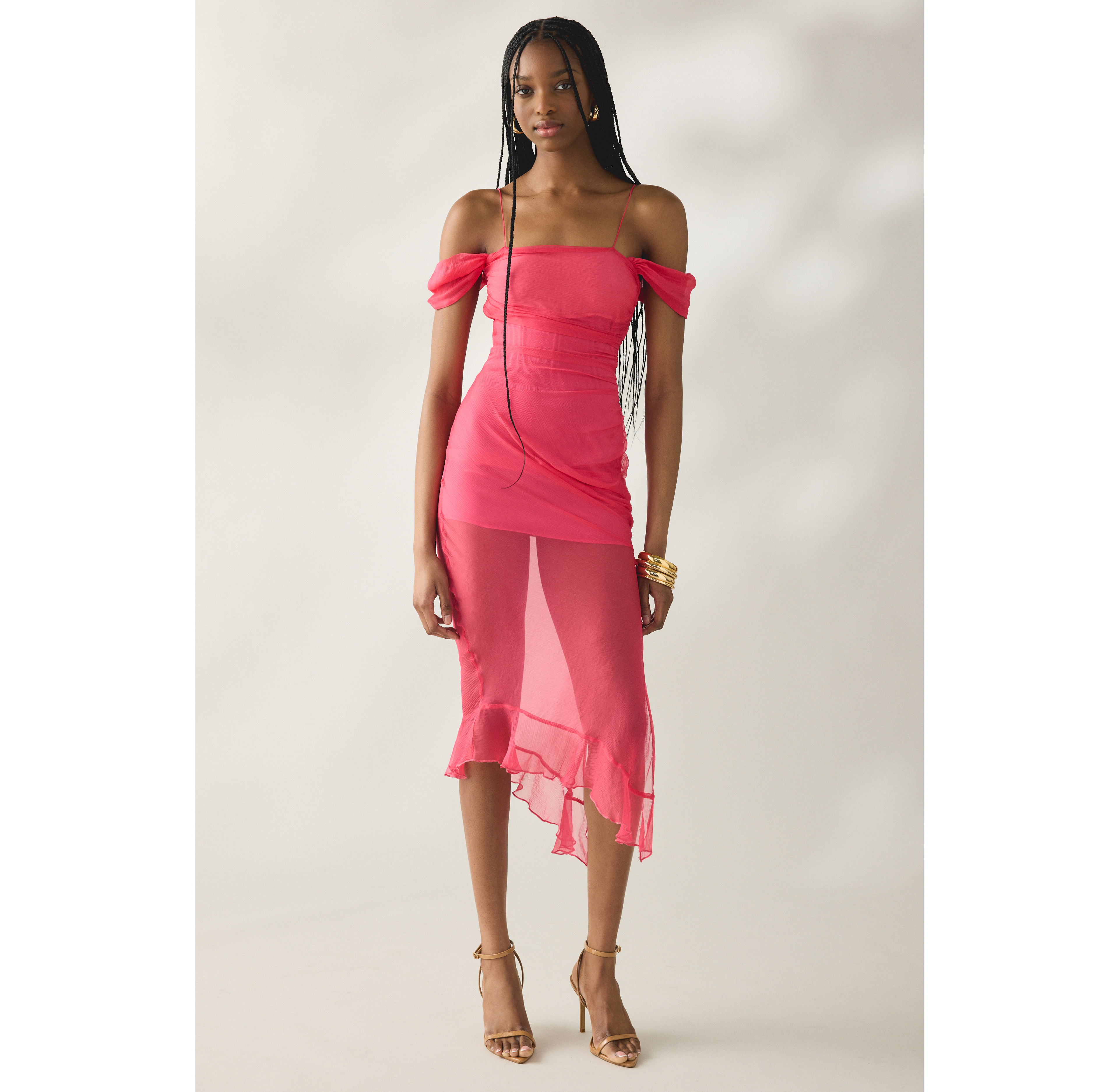 Tyler McGillivary Delphie Sheer Asymmetric Cold-Shoulder Midi Dress