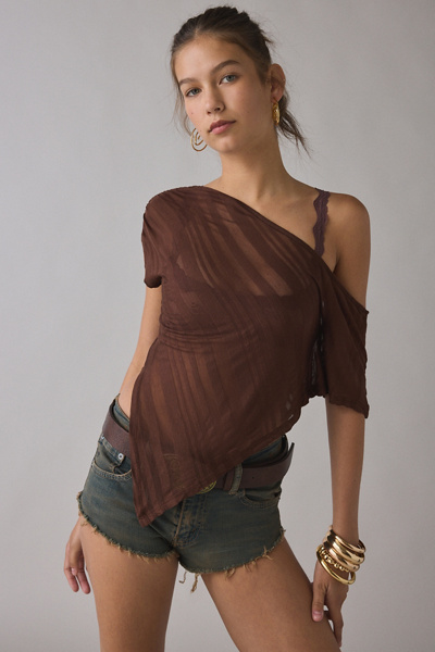 UO Bia Sheer Stripe Asymmetric Off-The-Shoulder Poncho