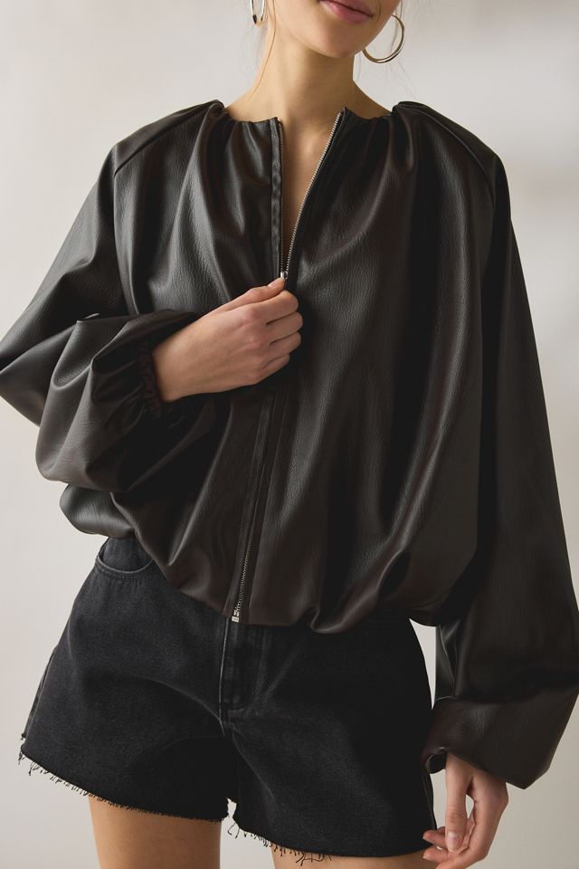 SAEMDI Edda Gathered Faux Leather Bomber Jacket #1