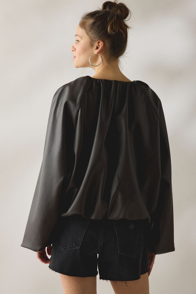 SAEMDI Edda Gathered Faux Leather Bomber Jacket #2