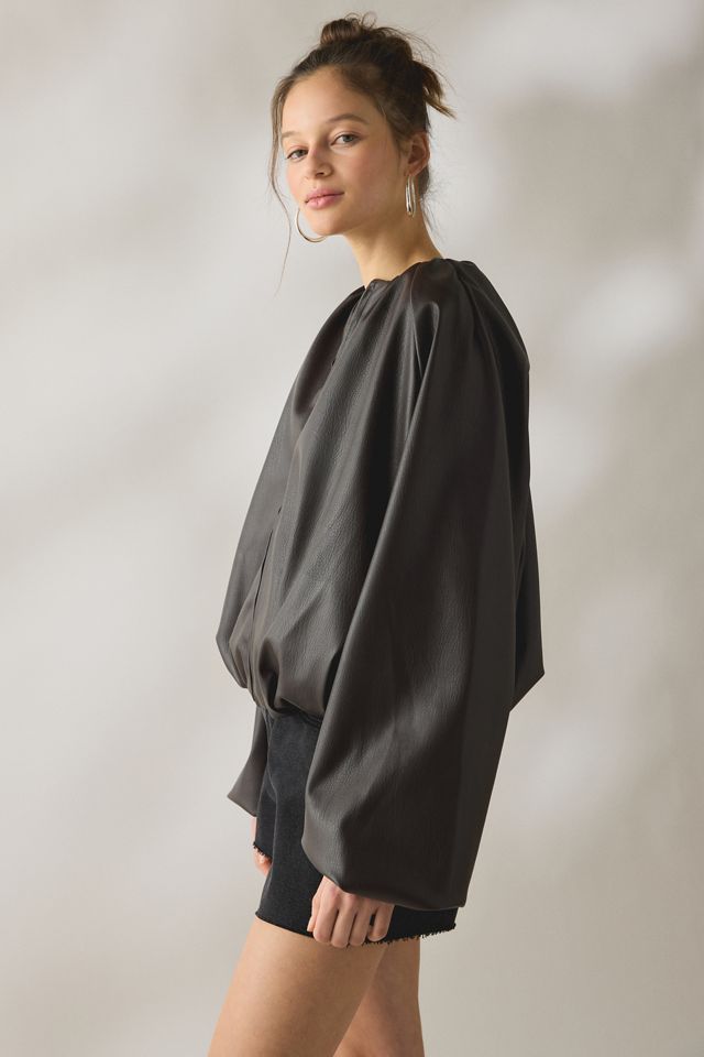 SAEMDI Edda Gathered Faux Leather Bomber Jacket #3