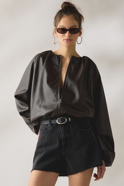 SAEMDI Edda Gathered Faux Leather Bomber Jacket