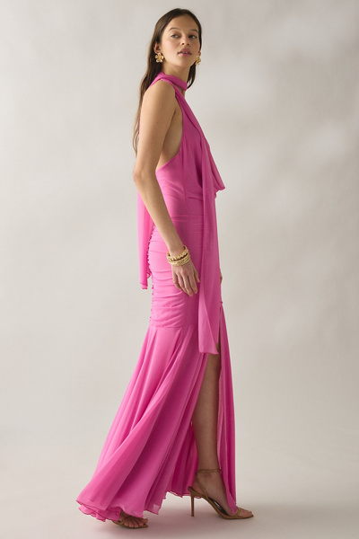 SAEMDI Dali Scarf Detail Halter Neck Mesh Maxi Dress