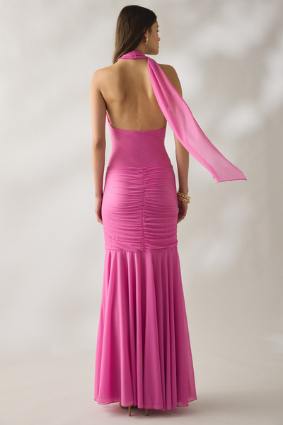 SAEMDI Dali Scarf Detail Halter Neck Mesh Maxi Dress