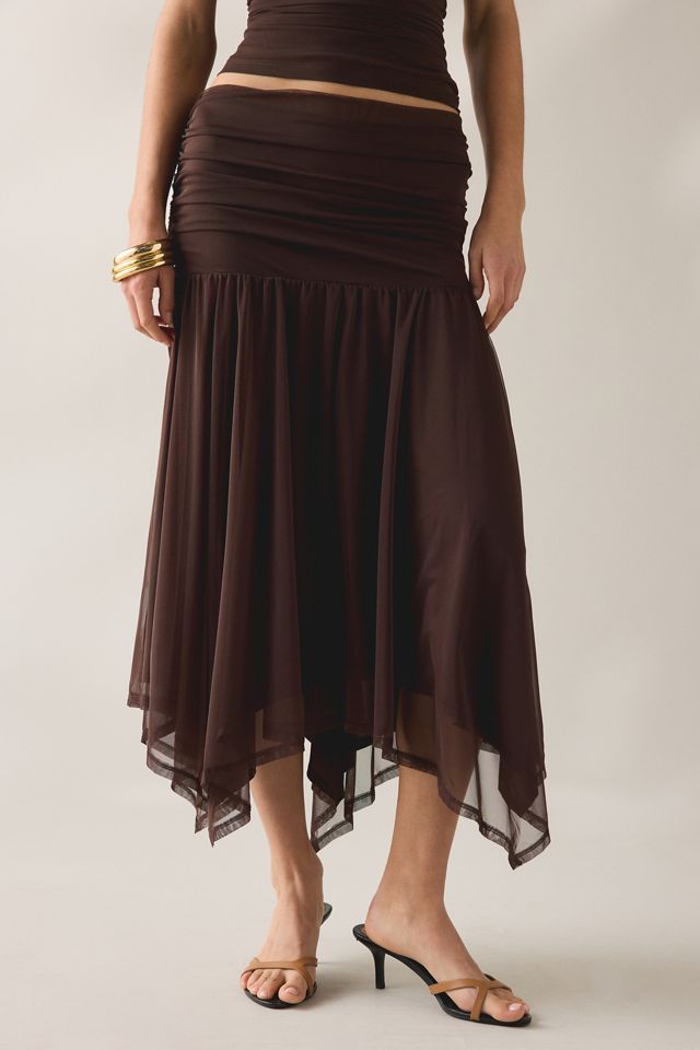 SAEMDI Elva Semi-Sheer Mesh Asymmetric Midi Skirt #1