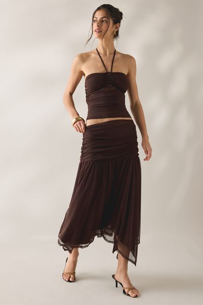 SAEMDI Elva Semi-Sheer Mesh Asymmetric Midi Skirt
