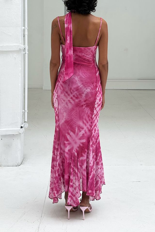 SAEMDI Dalida Asymmetric Cowl Neck Mesh Midi Dress #1