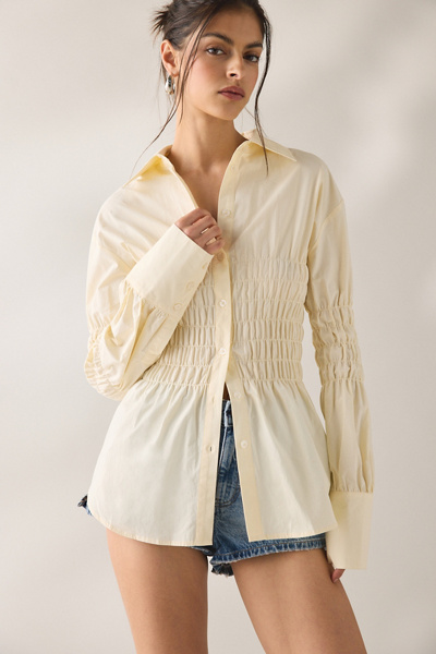 SAEMDI Lou Ruched Long Sleeve Button-Down Shirt | Urban Outfitters