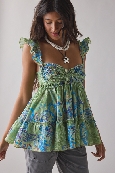 Kimchi Blue Nera Ruffle Babydoll Tie-back Tunic Top In Green, Women's At Urban Outfitters