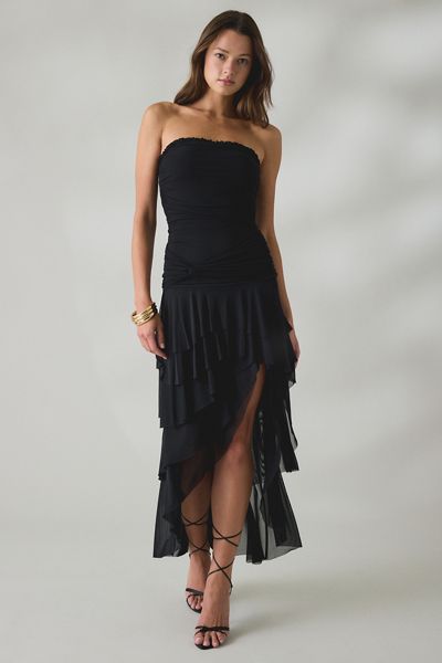 UO Sofie Asymmetric Ruffle Mesh Strapless Midi Dress