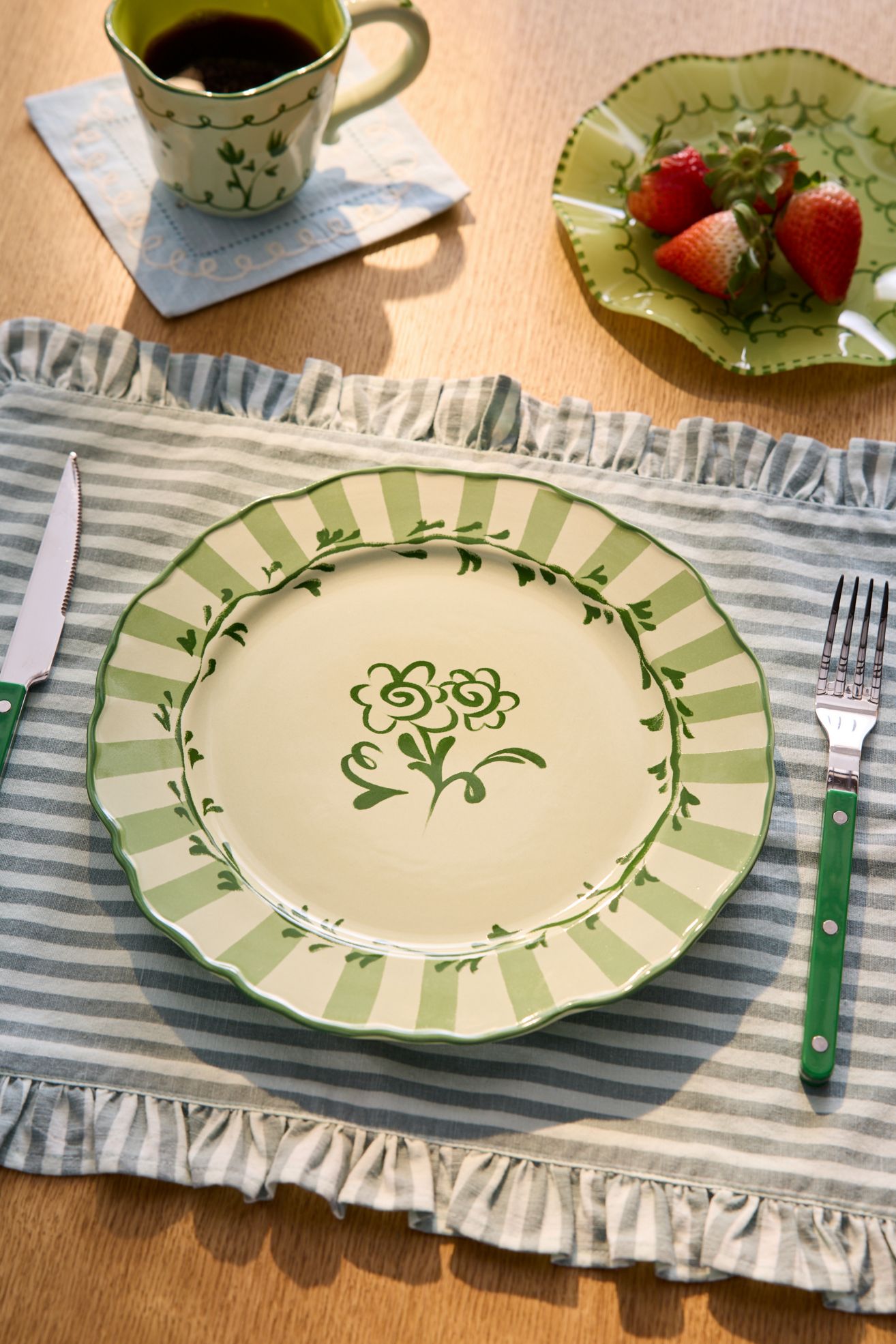 Floral Striped 10-inch Ceramic Dinner Plate - Dark Green, ONE SIZE