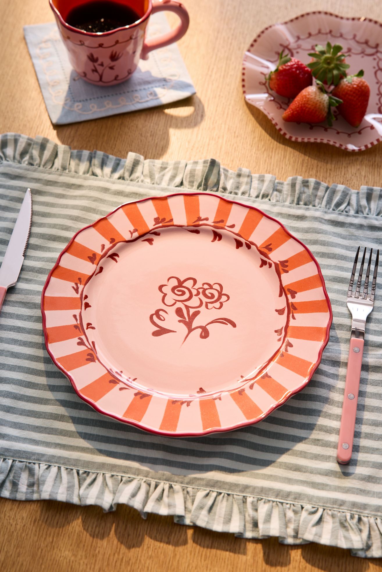 Floral Striped 10-inch Ceramic Dinner Plate - Pink, ONE SIZE