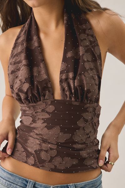 UO Party For You Studded Jacquard Plunging Halter Crop Top