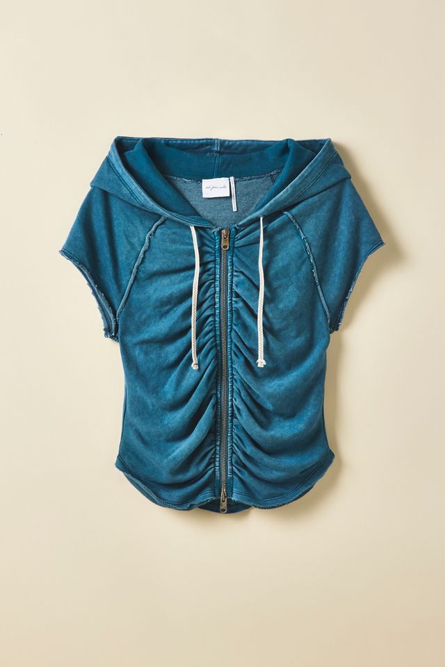 Out From Under Tear It Up Terry Knit Short Sleeve Zip-Up Hoodie Sweatshirt #5