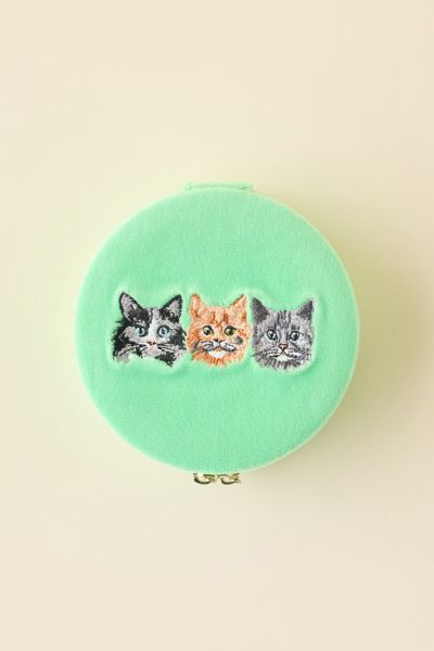 Urban Outfitters Kitty Cat Embroidered Velvet Travel Jewelry Case In Green At