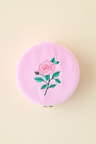 Urban Outfitters Rose Embroidered Velvet Travel Jewelry Case In Pink At