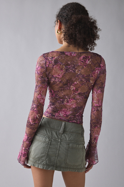 Motel Copriva Plunging Sheer Lace Long Sleeve Top