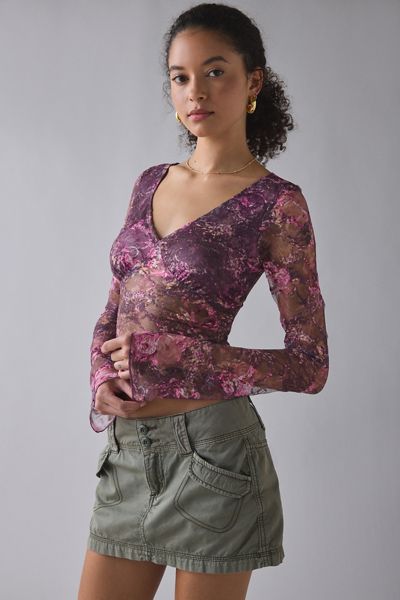 Motel Copriva Plunging Sheer Lace Long Sleeve Top