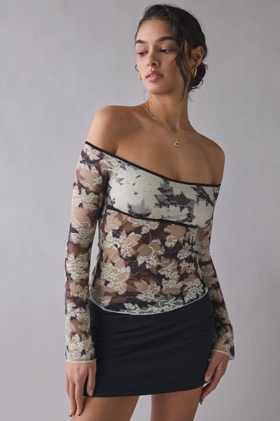 Motel Laluna Sheer Lace Long Sleeve Off-The-Shoulder Top