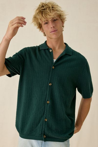 Rhythm Textured Knit Button-Down Short Sleeve Polo Sweater