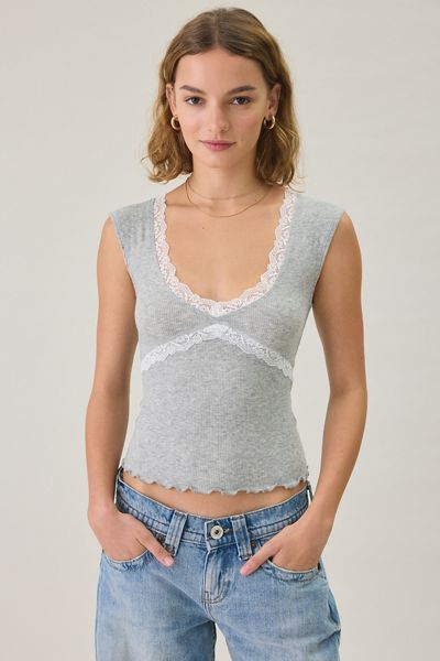 Out From Under Diana Plunging Lace Trim Cap Sleeve Top