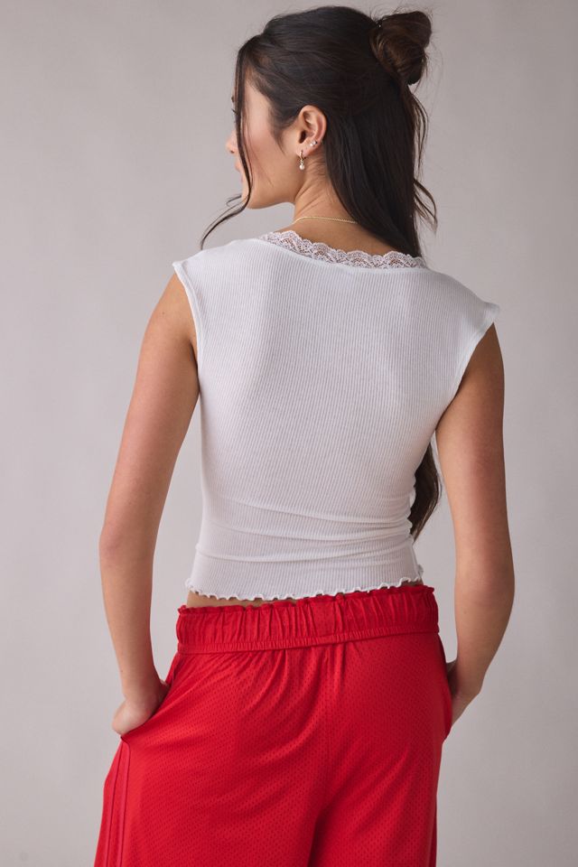 Out From Under Diana Plunging Lace Trim Cap Sleeve Top #1