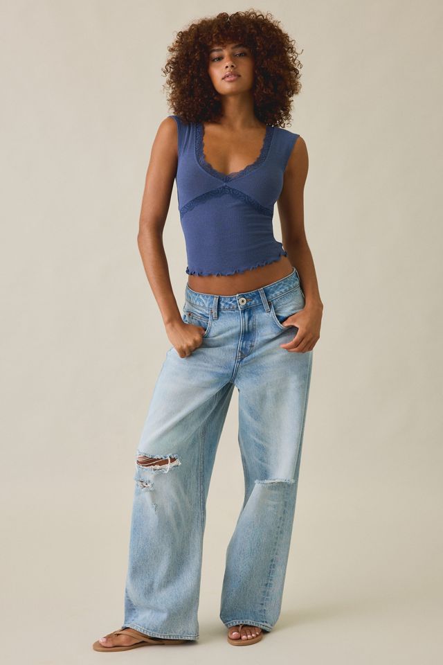 Out From Under Diana Plunging Lace Trim Cap Sleeve Top #1