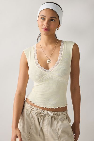 Out From Under Diana Plunging Lace Trim Cap Sleeve Top