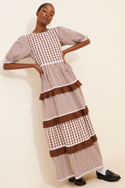 Neon Rose Gingham Tiered Puff Sleeve Maxi Dress