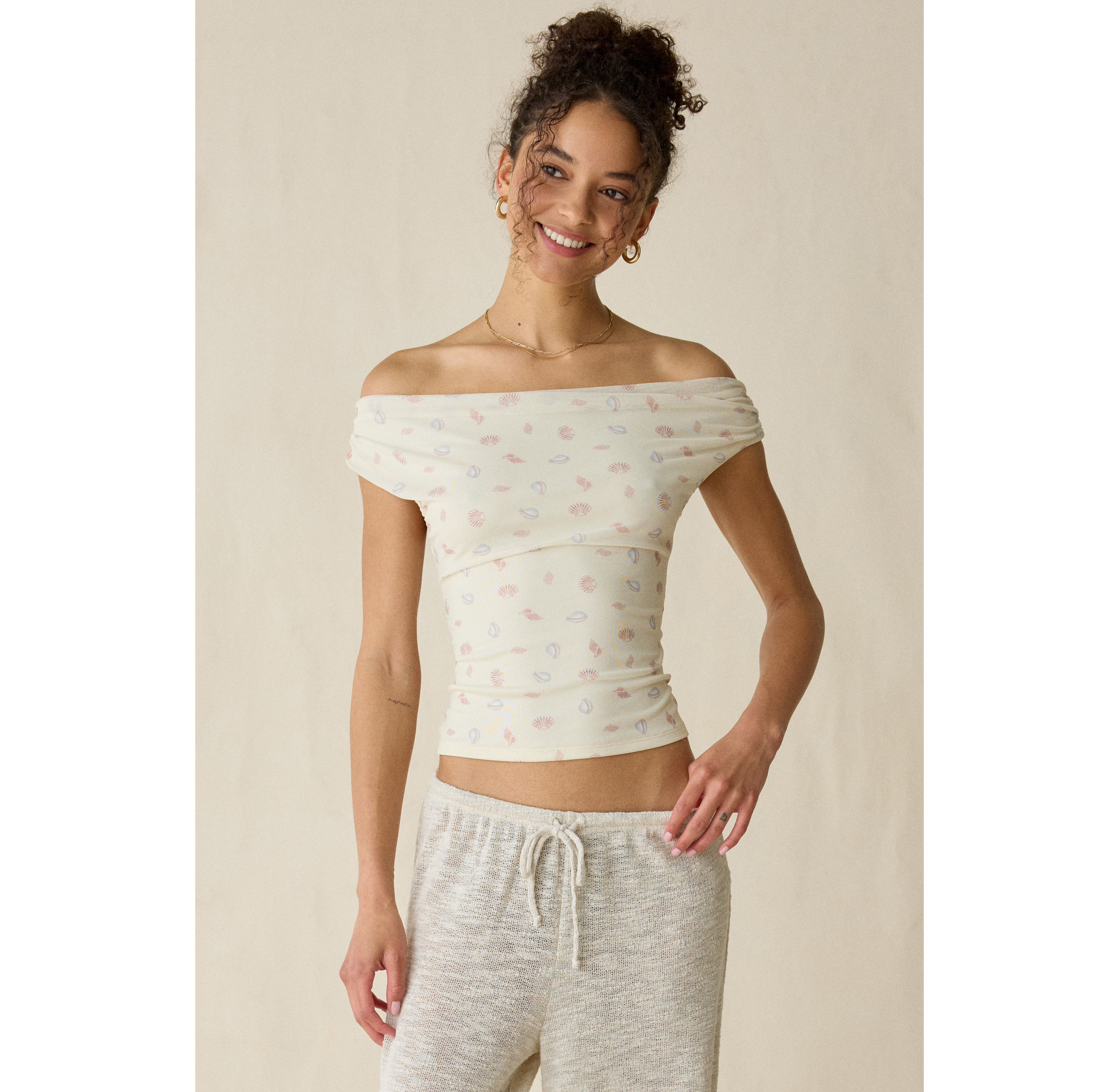 UO Fia Mesh Off-The-Shoulder Crop Top