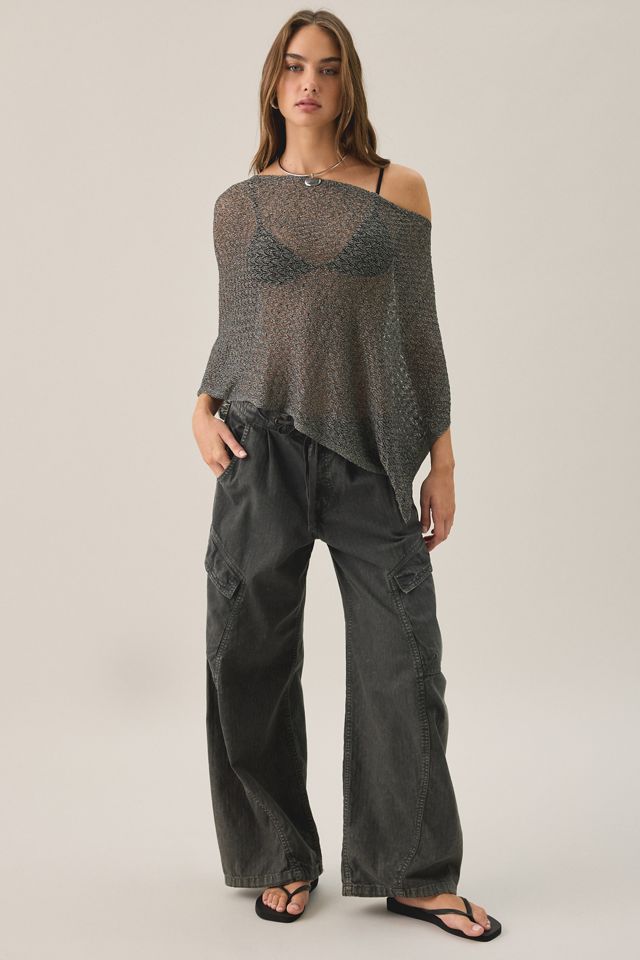 UO Patti Pointelle Asymmetric Off-Shoulder Poncho Sweater #3
