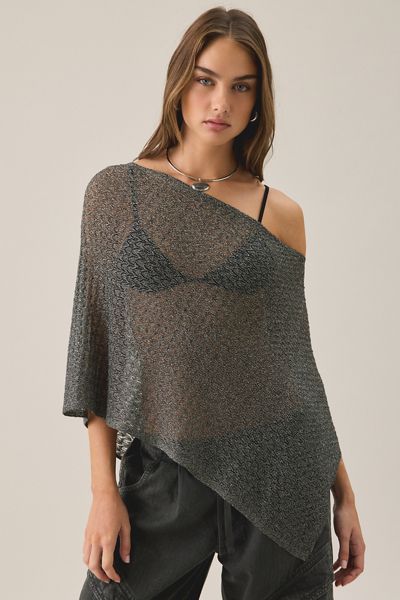 UO Patti Pointelle Asymmetric Off-Shoulder Poncho Sweater