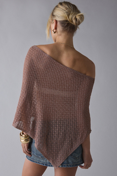UO Patti Pointelle Asymmetric Off-Shoulder Poncho Sweater