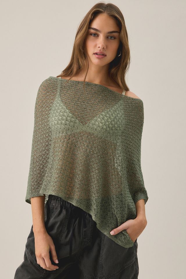UO Patti Pointelle Asymmetric Off-Shoulder Poncho Sweater #1