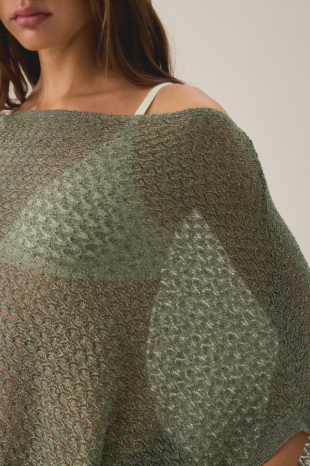 UO Patti Pointelle Asymmetric Off-Shoulder Poncho Sweater #2