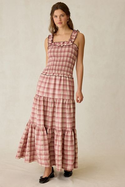 Neon Rose Gingham Tiered Puff Sleeve Maxi Dress | Urban Outfitters