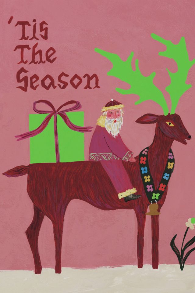 Red Cap Santa and Reindeer Holiday Greeting Card #1