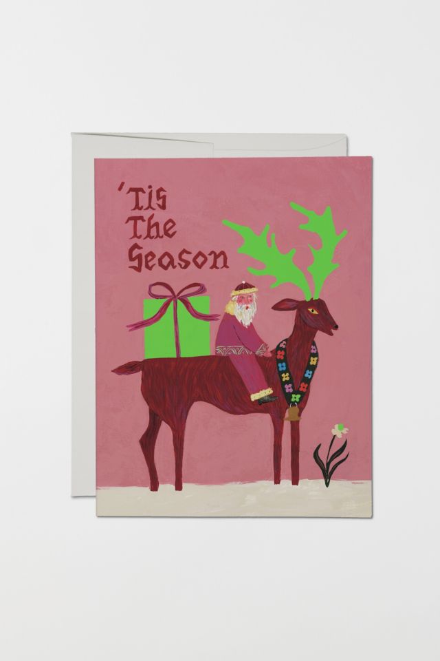 Red Cap Santa and Reindeer Holiday Greeting Card