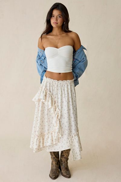 Jupe midi asymétrique à volants étagés Daisy Street Darling à motif floral ditsy