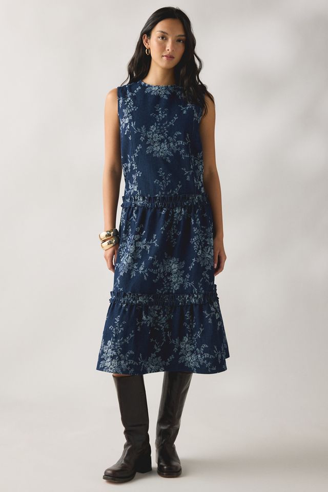 floral denim dress Women's Aylaya Aubrey Ivory & Blue Bodice Midi | Size: L falling to a midi length. Daisy Street Flora Tiered Ruffle