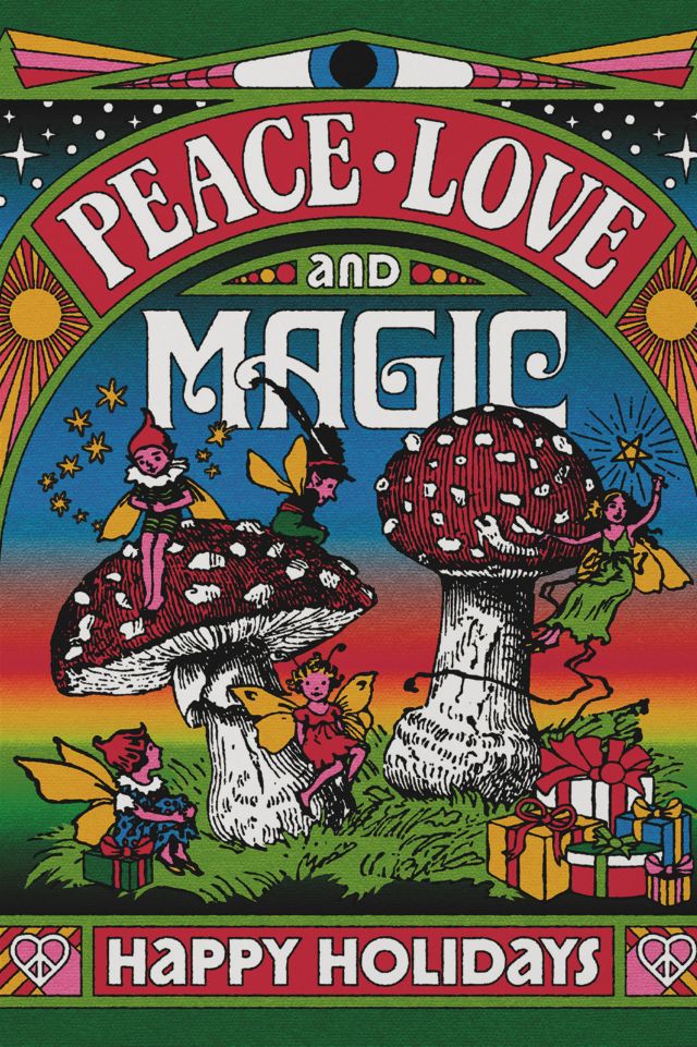 Red Cap Peace Love Magic Holiday Greeting Card #1