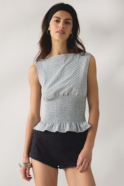 Daisy Street Bonbon Polka Dot Boatneck Smocked Top