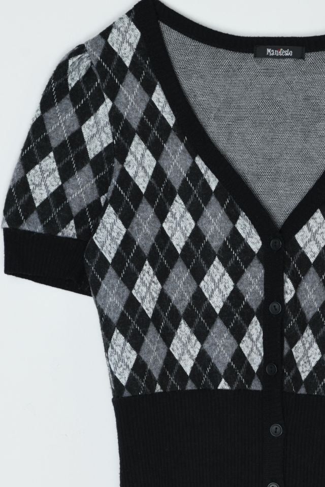 Vintage Y2k Black & Gray Argyle Short-Sleeve Buttoned Sweater #1