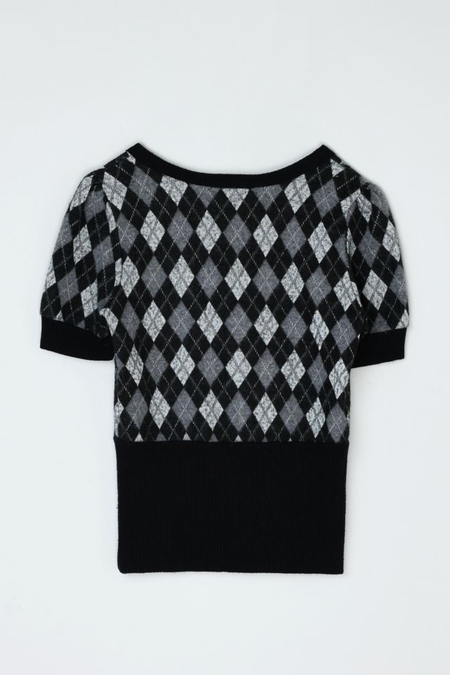 Vintage Y2k Black & Gray Argyle Short-Sleeve Buttoned Sweater #2