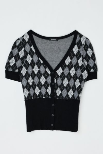 Vintage Y2k Black & Gray Argyle Short-Sleeve Buttoned Sweater