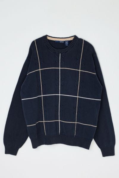Vintage Y2k Navy Cable Knit Grid-Striped Sweater