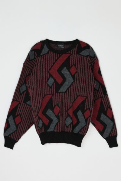 Vintage 90s Dark Red & Black Geometrical Patterned Sweater