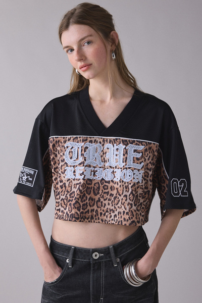 True Religion Crystal Graphic Leopard Print Jersey Top