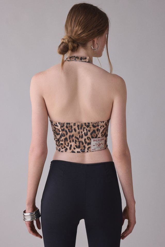 True Religion Leopard Print Denim Halter Corset Top #1